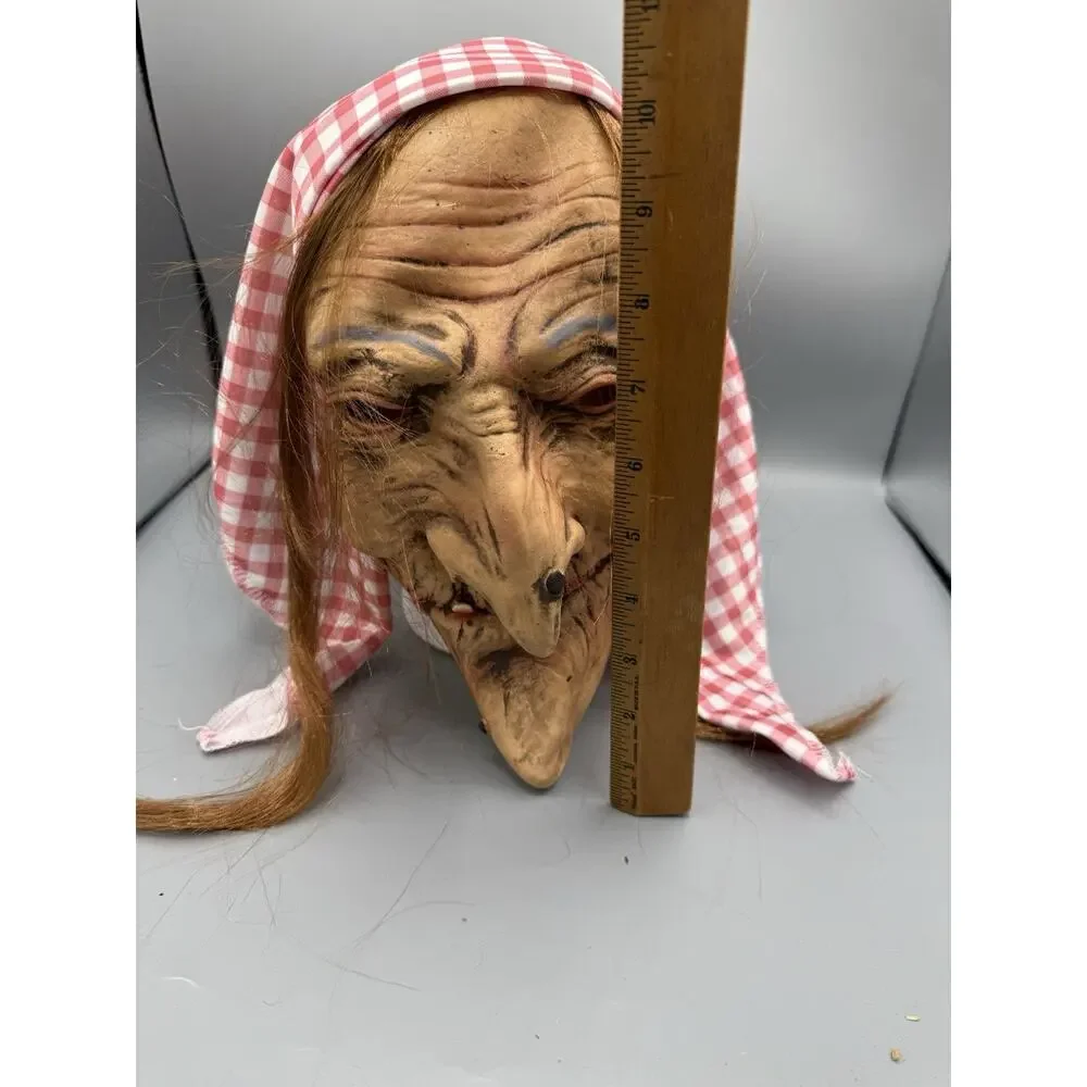Vintage Old Hag Witch Mask Latex Rubber Gingham Scarf Hair Halloween Creepy